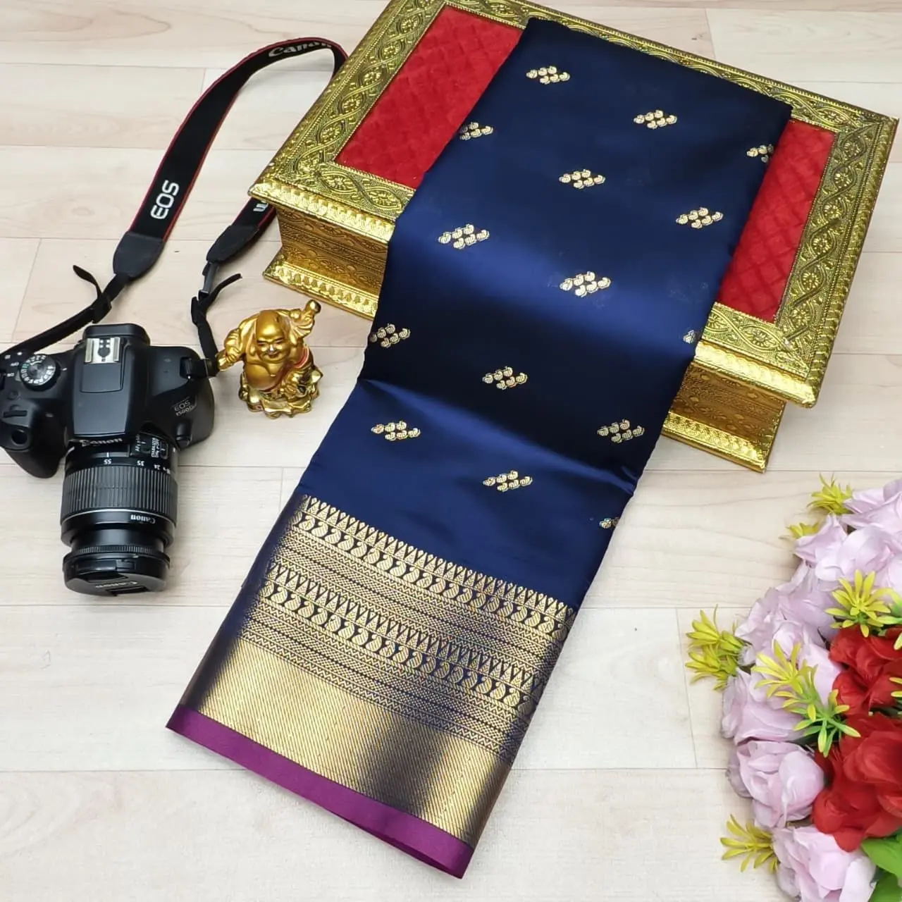 Teal Green Gold Zari Butta Fusion Soft Silk Saree